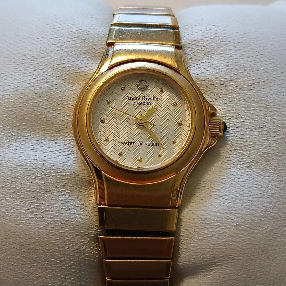 VTG 90s Andre Rivalle Diamond Women's Gold Tone Stretch Band Quartz Watch 22mm